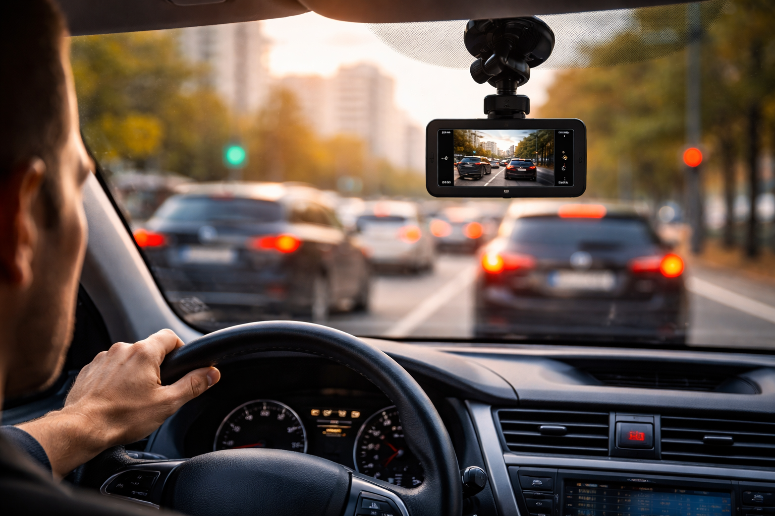 Interior view of a vehicle with a dash cam recording roadway traffic for accident evidence.
