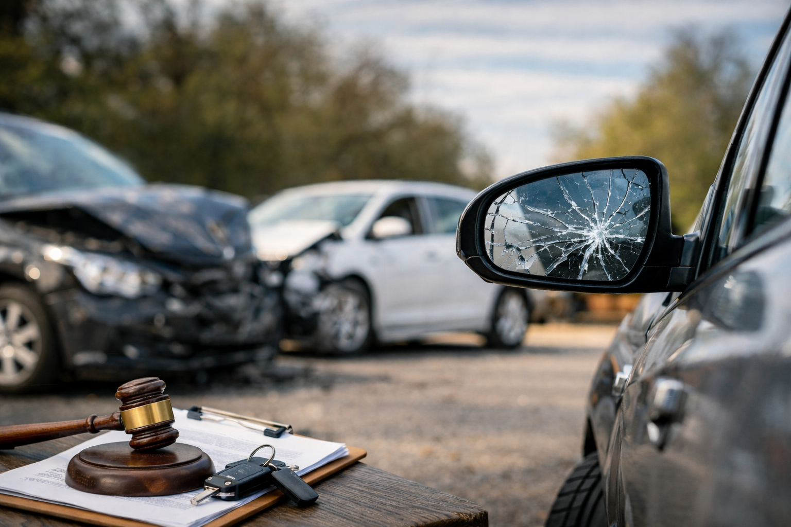 Cracked car side mirror in the foreground with damaged vehicles in the background after a motor vehicle accident.”