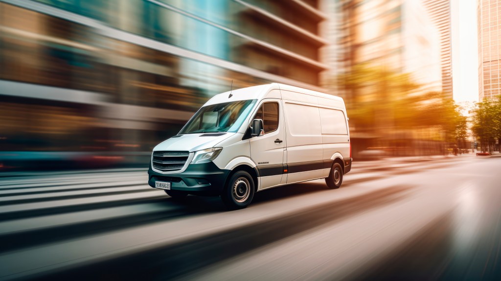 White modern delivery small shipment cargo courier van moving fast on motorway road to city urban suburb Business distribution and logistics express service Mini bus driving on highway on sunny day - Travis Legal Offices | Colorado Personal Injury Law Firm