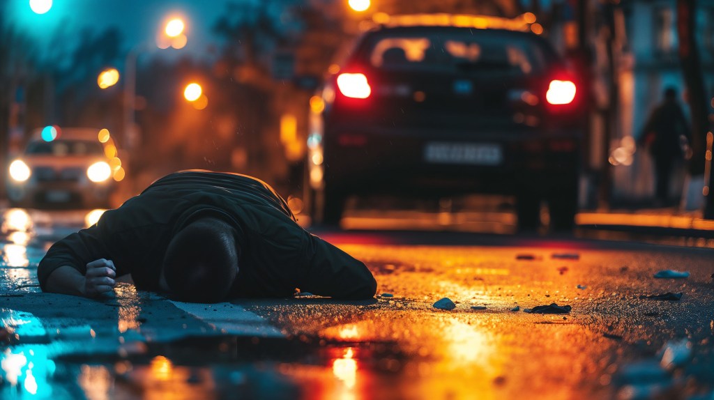 Damaged person lying on wet street at night in an accident scene with cars in background Potential hit and run imagery Urban tragedy in rainy conditions and dramatic emergency situation - Travis Legal Offices | Colorado Personal Injury Law Firm