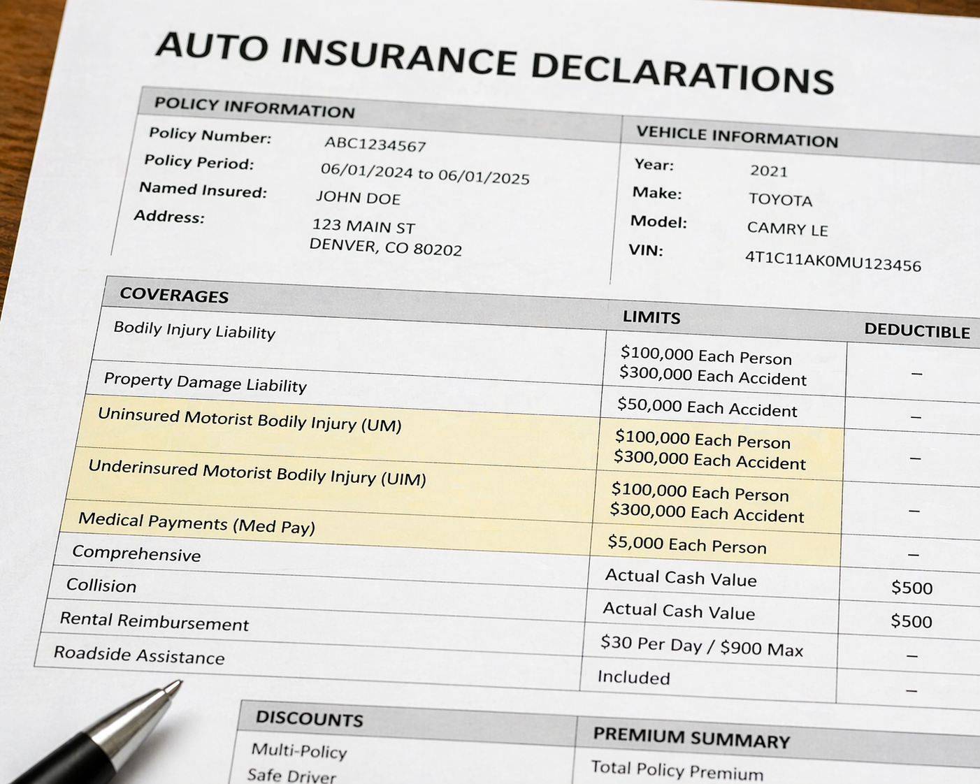 Auto insurance declarations form close-up