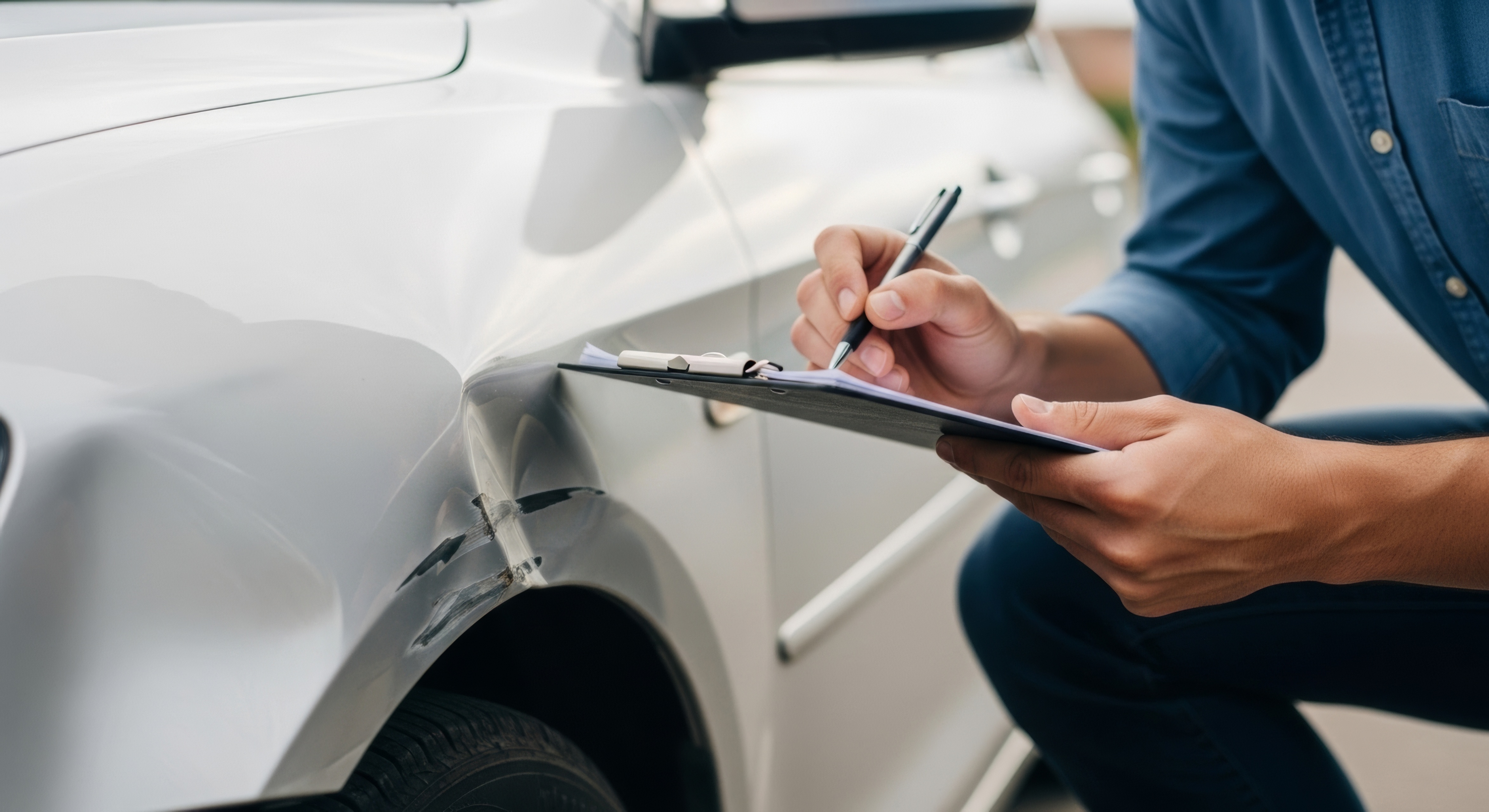 Person writing on a clipboard beside a silver car with visible damage on the door/fender area.