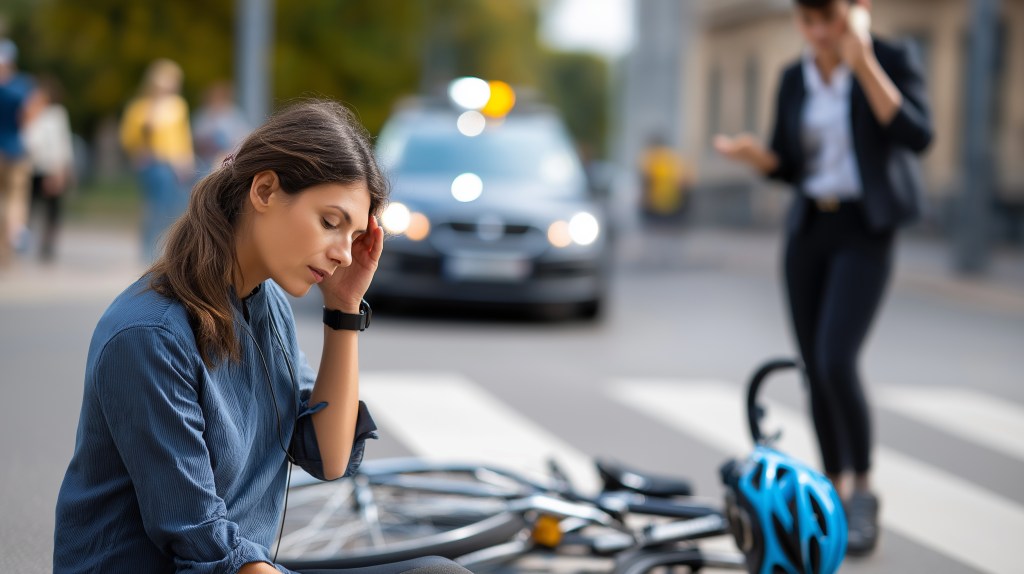 Woman in a blue shirt sits on a curb with her head resting on her hand beside a fallen blue bicycle; police car with flashing lights in the background.