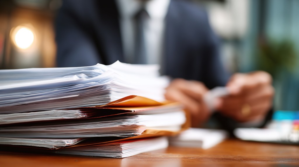 Stack of papers and folders on a wooden desk with two blurred figures in an office background.
