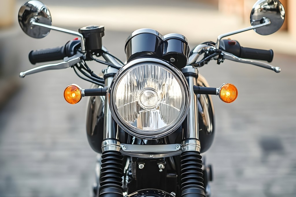 Gleaming motorcycle front view with illuminated turn signals on