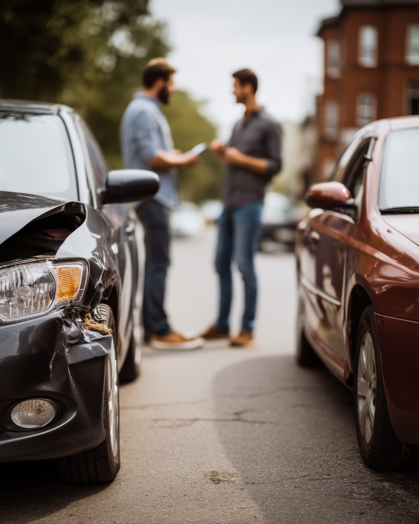 Two men talk in a parking lot between parked cars, with the front of a damaged black vehicle in the foreground.