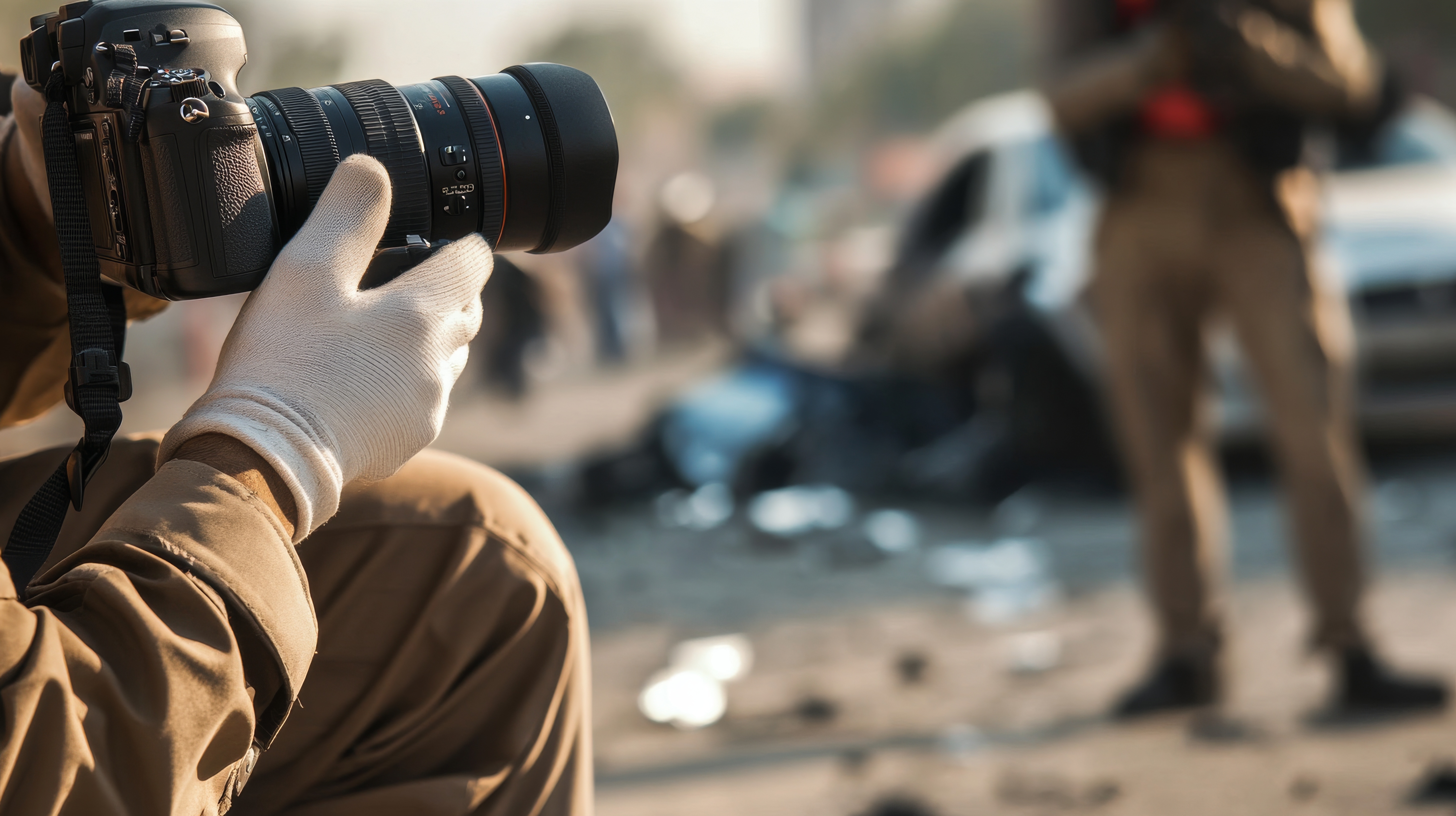 Photographer wearing tan jacket and light gloves grip a DSLR with a large zoom lens outdoors, background blurred by motion.