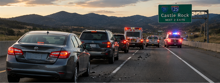 Line of cars stopped on a highway with emergency vehicles flashing lights ahead, a green Castle Rock exit sign visible to the right, and mountains in the distance.