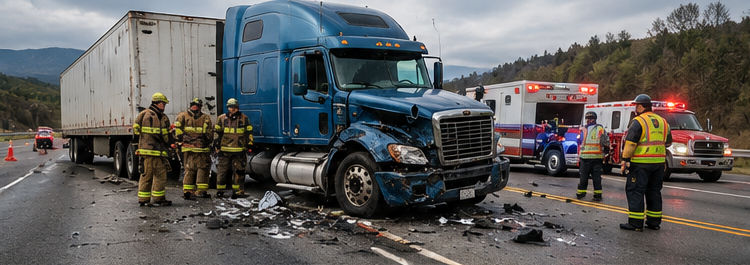 Truck accident - Travis Legal Offices | Colorado Personal Injury Law Firm Blue semi-truck rear-damaged in a highway crash with firefighters and responders on scene, debris scattered across lanes, emergency vehicles in background