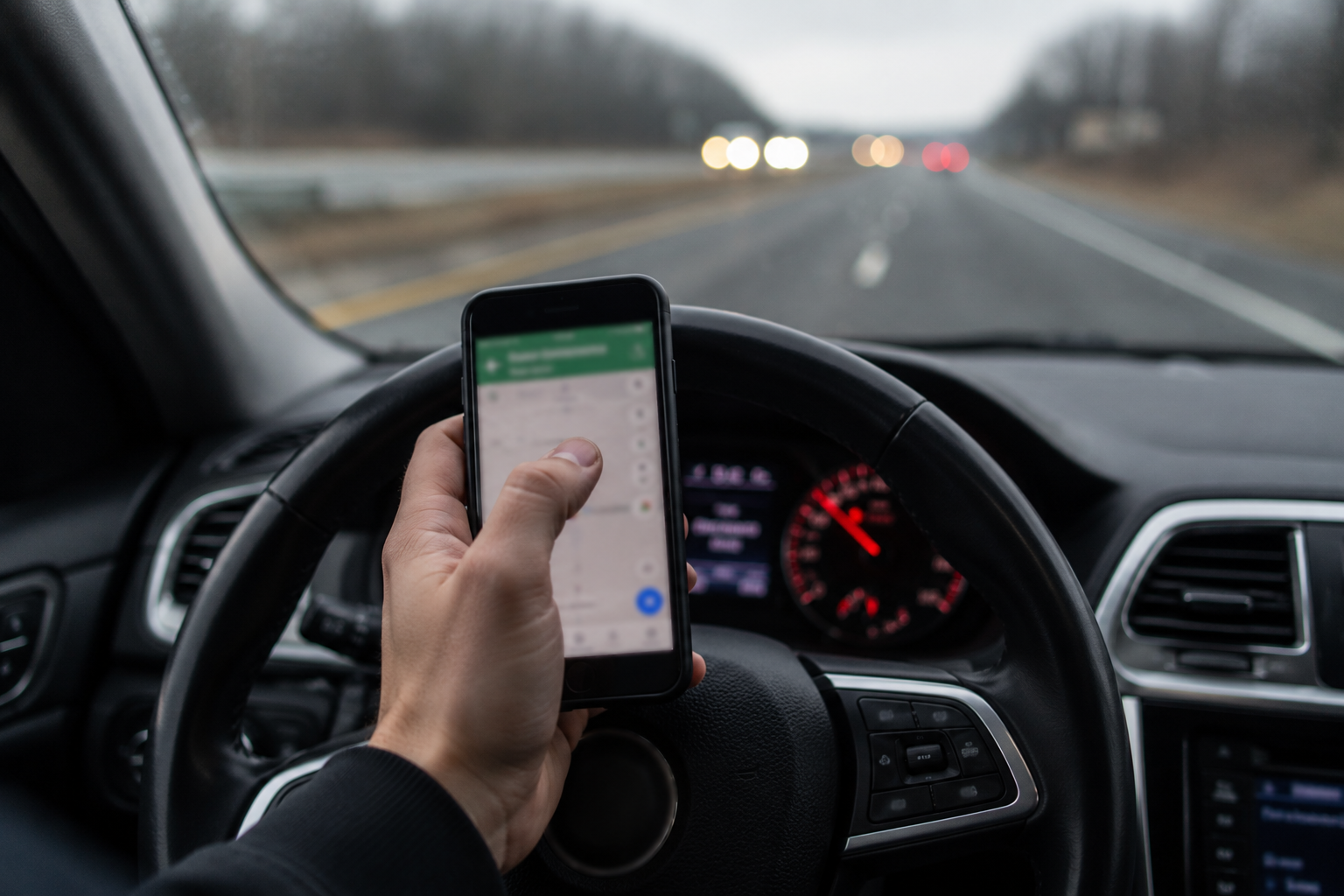 distracted-driver - Travis Legal Offices | Colorado Personal Injury Law Firm Person holding a smartphone showing a navigation app while gripping the steering wheel in a car on a highway (bokeh headlights in distance).