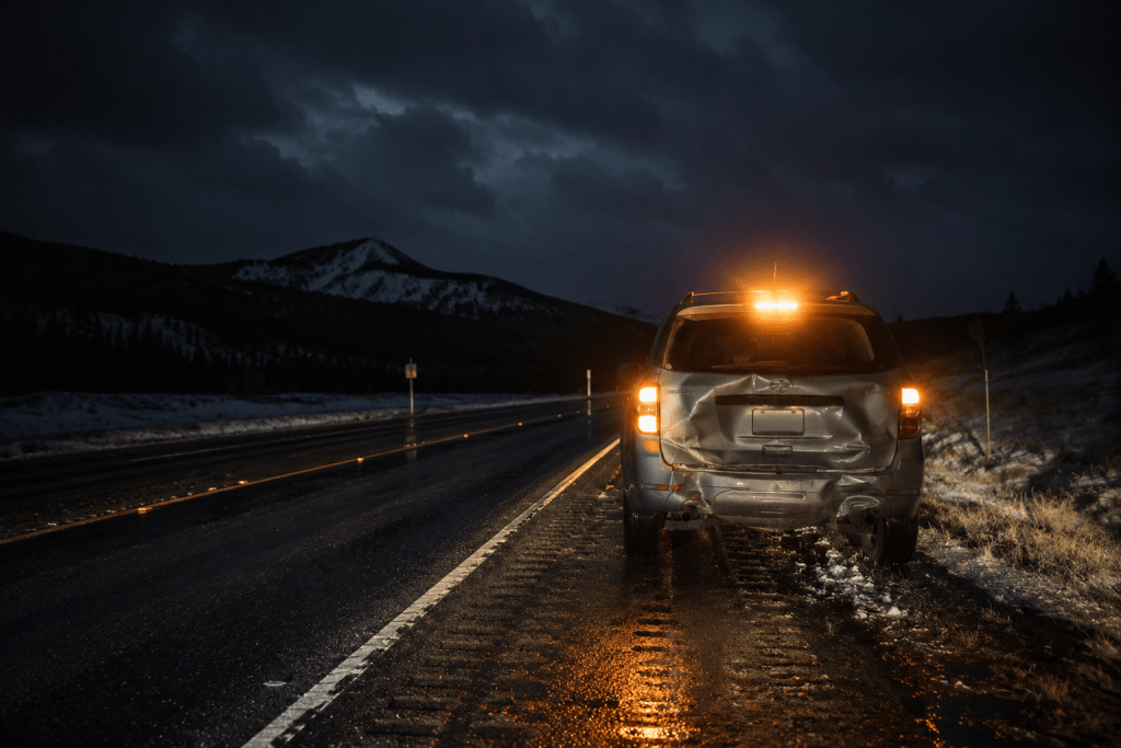 hitandrun - Travis Legal Offices | Colorado Personal Injury Law Firm Dark night scene of a silver SUV with heavy rear-end damage parked on the roadside, orange hazard lights flashing and wet road reflecting light.