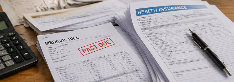 image - Travis Legal Offices | Colorado Personal Injury Law Firm Medical bill with a 'PAST DUE' stamp beside health insurance forms and a calculator on a wooden desk, conveying overdue payments.