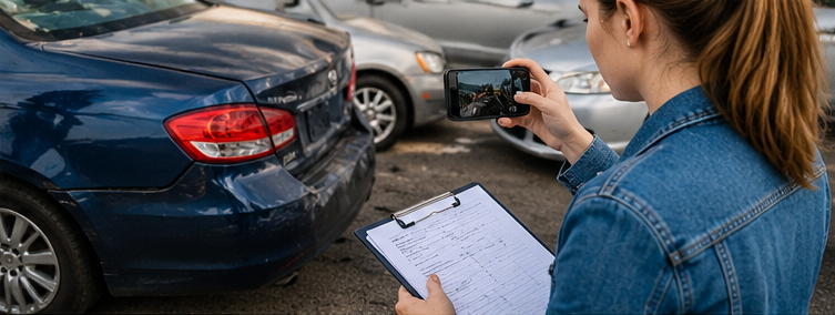 Person recording a photo of the blue car's rear bumper with a smartphone while holding a clipboard with notes, in a parking lot.