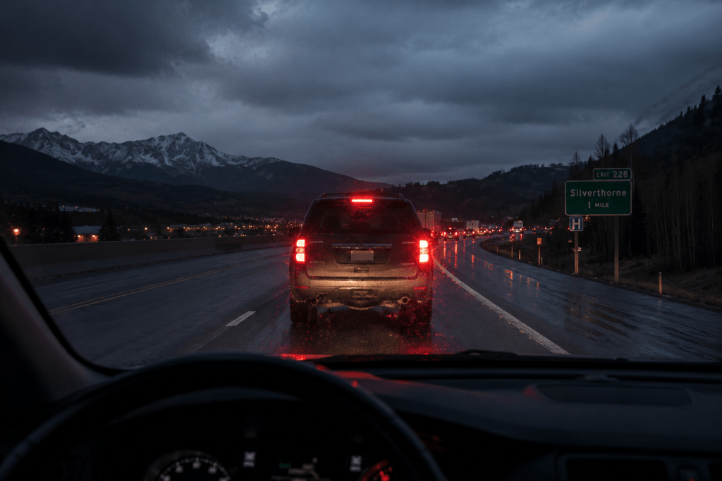 iminent-rear-end - Travis Legal Offices | Colorado Personal Injury Law Firm Rear view of a black SUV in heavy rain on a highway at dusk, red taillights glowing, snow-capped mountains in the distance, from a car dashboard view.