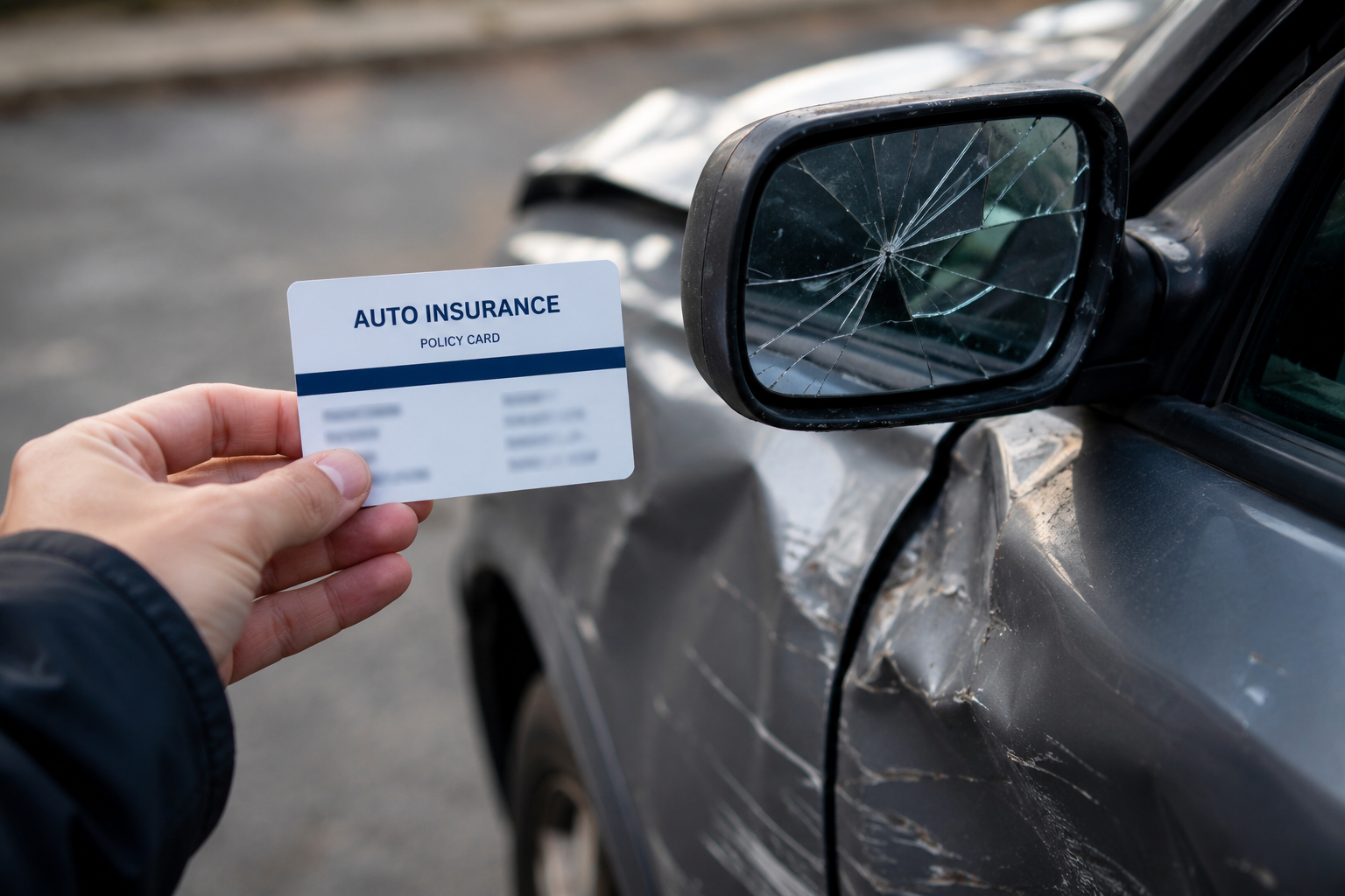 Person holding an auto insurance card beside a damaged car with a cracked side-view mirror and dented door on a street setting