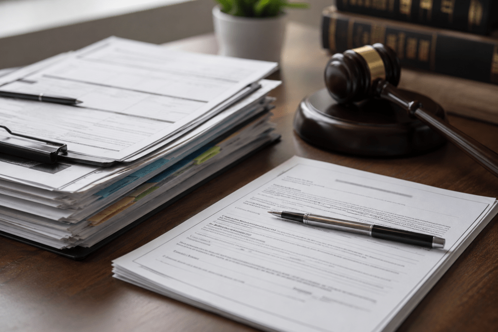 Legal desk scene with a gavel, a stack of documents, and a pen on a wooden table