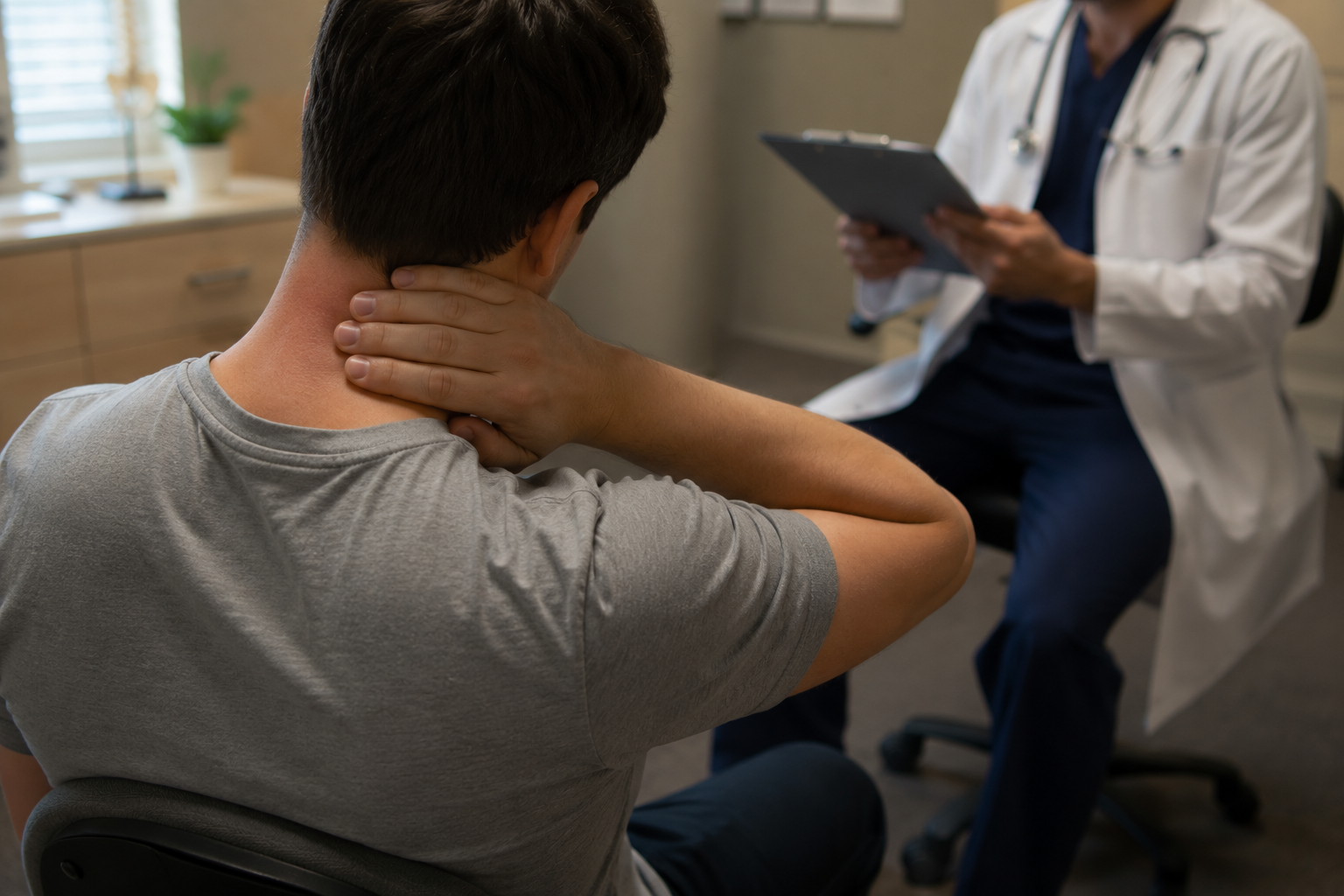Patient seated with hands on neck, doctor in white coat reviewing a clipboard nearby, discussing neck pain relief.