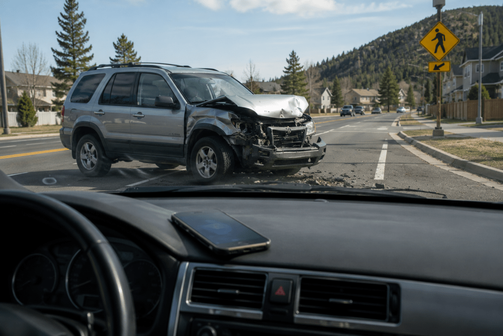 Silver SUV with major front-end damage in the middle of a street, viewed from inside a nearby car; debris scattered on the road.