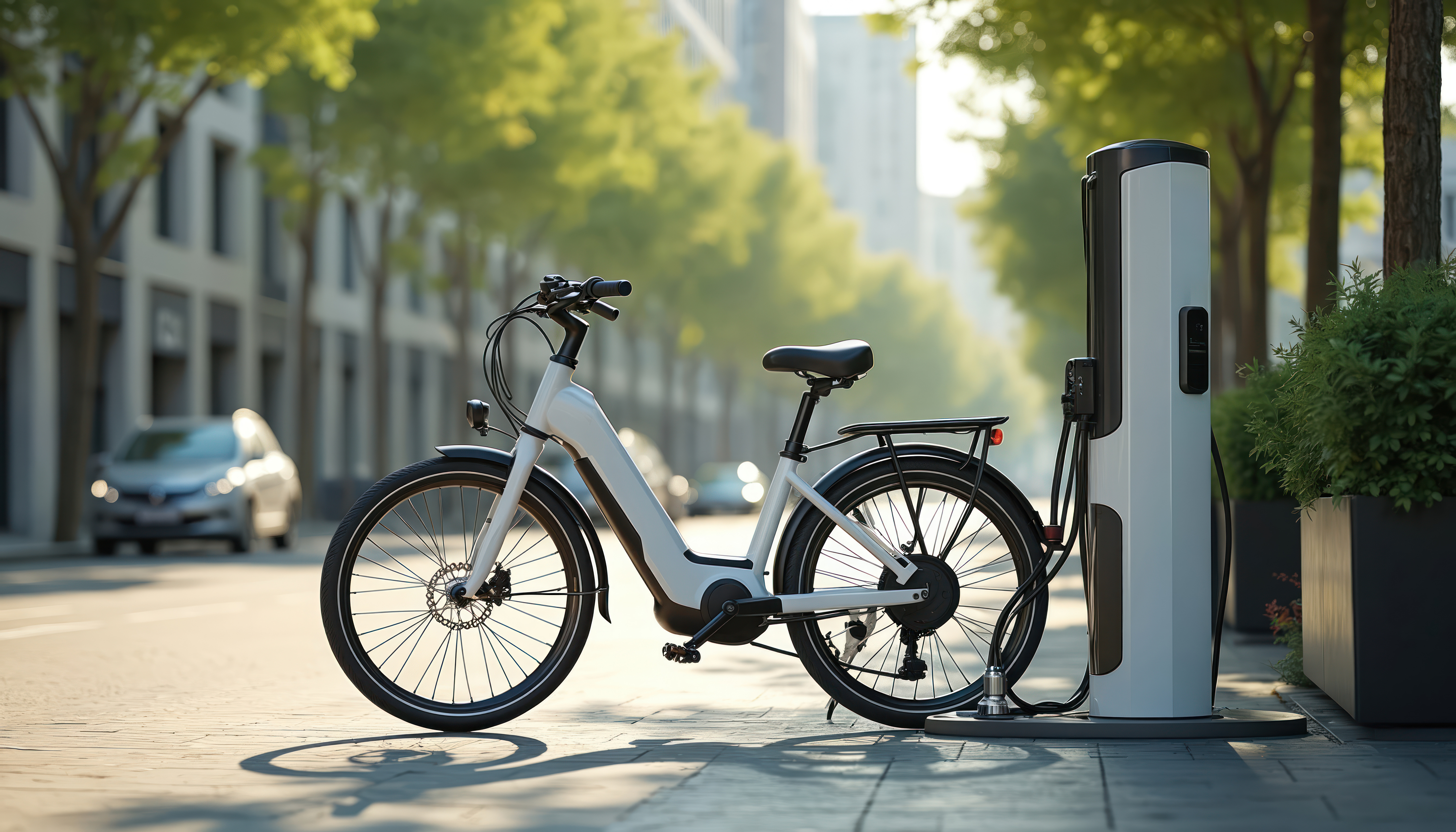 Electric bike docked and charging at a public station on a tree-lined city street in daylight.