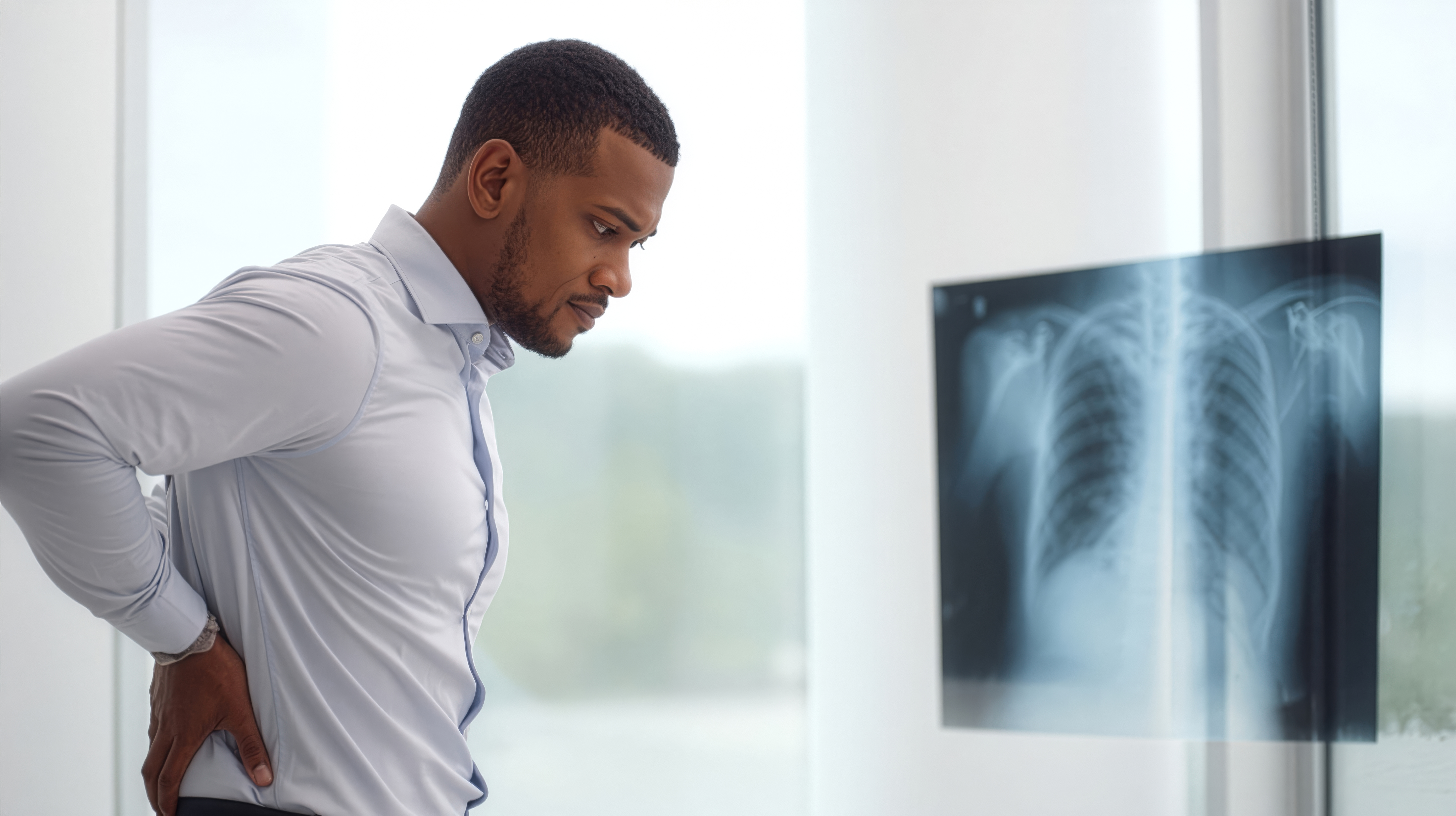 Man in a light shirt leans forward, examining a medical X-ray image displayed on a screen in a bright clinic room
