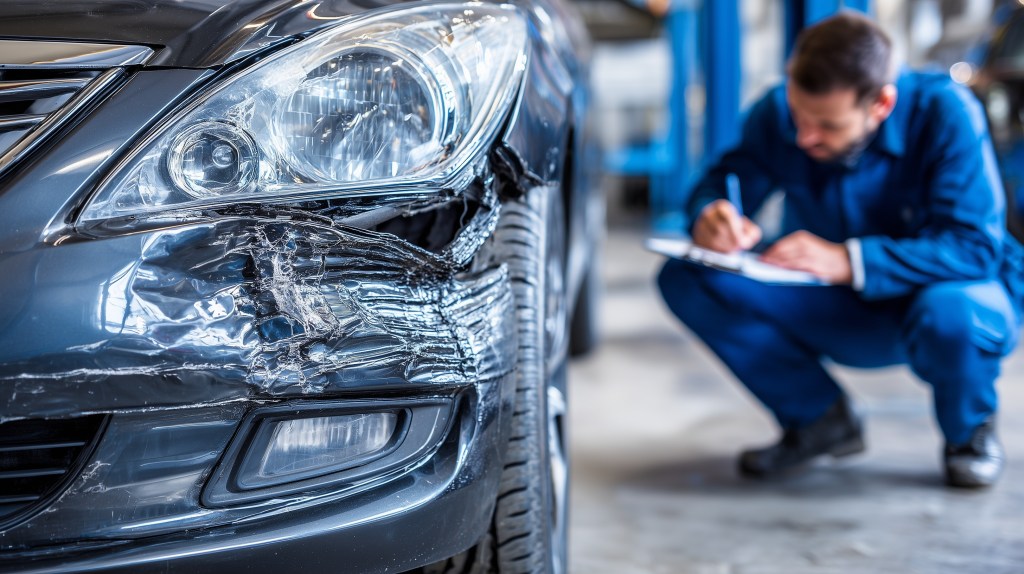 Damaged car front end with crushed bumper and headlight while mechanic records repair for insurance claim after collision - Travis Legal Offices | Colorado Personal Injury Law Firm Front end of a dark car heavily damaged in a repair shop, a mechanic kneeling and taking notes in the background.